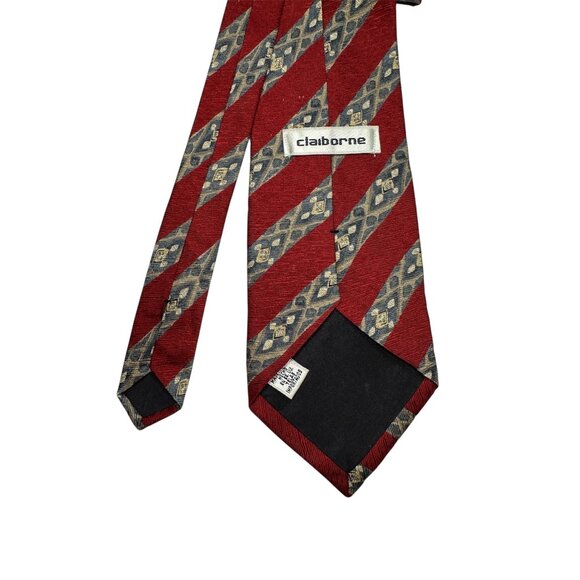 Claiborne Red & Gray Striped Diamond Pattern Silk Tie - Picture 4 of 6